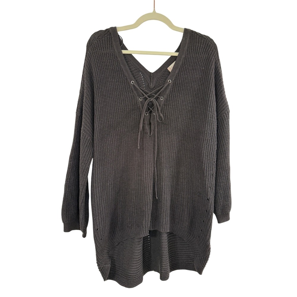 Altar'd State Lace Up V-Neck Sweater Womens S Brown/Gray Oversized High-Low